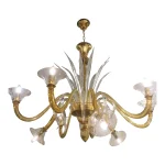 Contemporary Amber  with transparent leaves Murano Glass chandelier