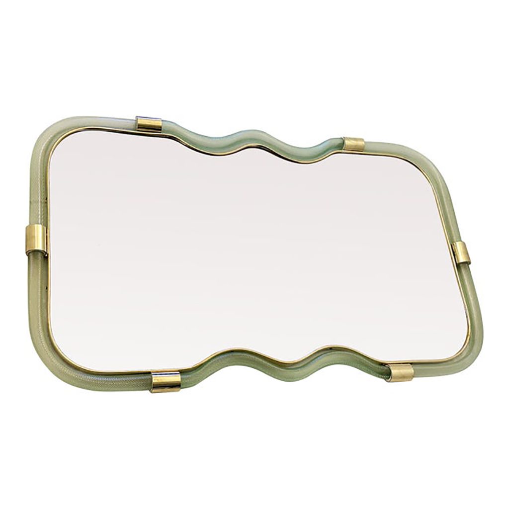 Contemporary Horizzontal Wave Mirror in Green and Gold "Torchon" Torciglione Murano Style Glass