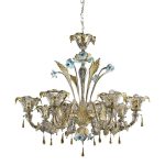 Contemporary Venetian Transparent-Gold Murano Style Glass Chandelier With Leaves and Turquoise Flowers