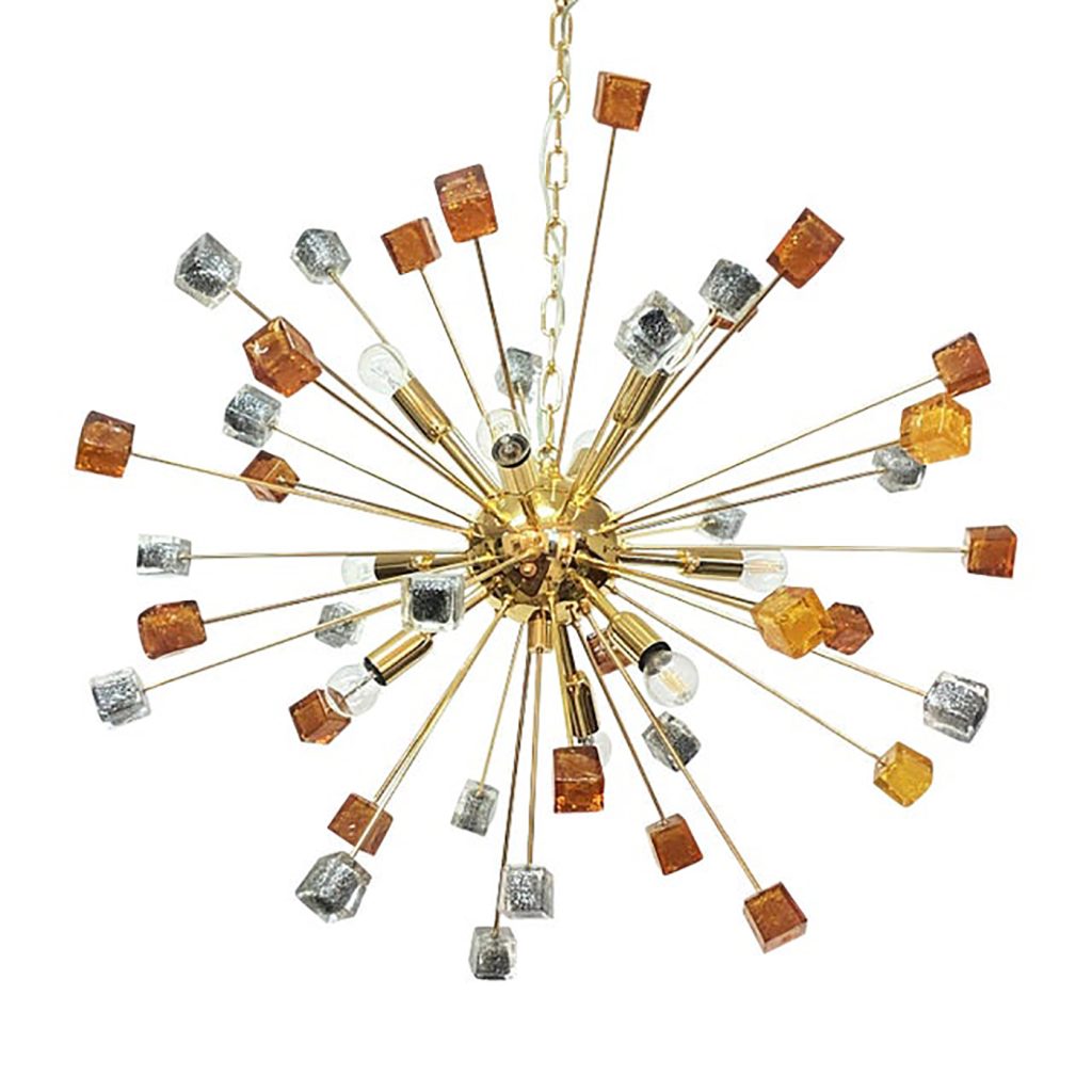 Contemporary Amber and Black Cubes Murano Glass Gold Sputnik Chandelier