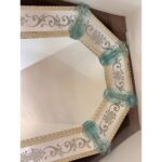 Venetian Octagonal Wall Mirror Hand-Carved in Murano Glass With Ligh-Blue Flowers - Image 2