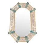 Venetian Octagonal Wall Mirror Hand-Carved in Murano Glass With Ligh-Blue Flowers