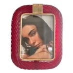 Venetian Red “Torchon” Murano Glass Picture Frame and Unaquered Brass in Barovier Style.