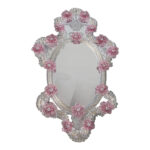 Italian 2000s Venetian Oval Pink Floreal Hand-Carving Mirror in Murano Glass Style