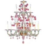 Venetian Romantic Transparent and Pink Floreal “Cà Rezzonico” Chandelier in Murano Glass.