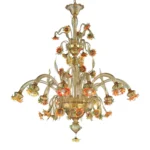 Venetian Scenographic "Sunflowers" Amber and Green Murano Glass Chandelier